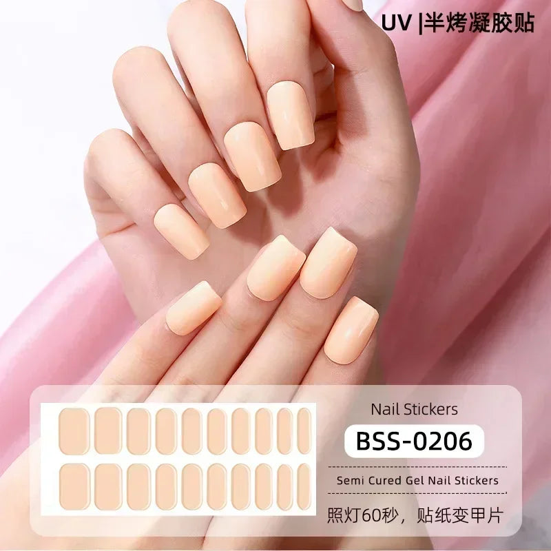 16/20/22Tips Semi-Cured Nail Wraps Simple Color Adhesive Waterproof Long Lasting Gel Nail Stickers set for UV Lamp Need Manicure