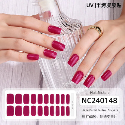 16/20/22Tips Semi-Cured Nail Wraps Simple Color Adhesive Waterproof Long Lasting Gel Nail Stickers set for UV Lamp Need Manicure