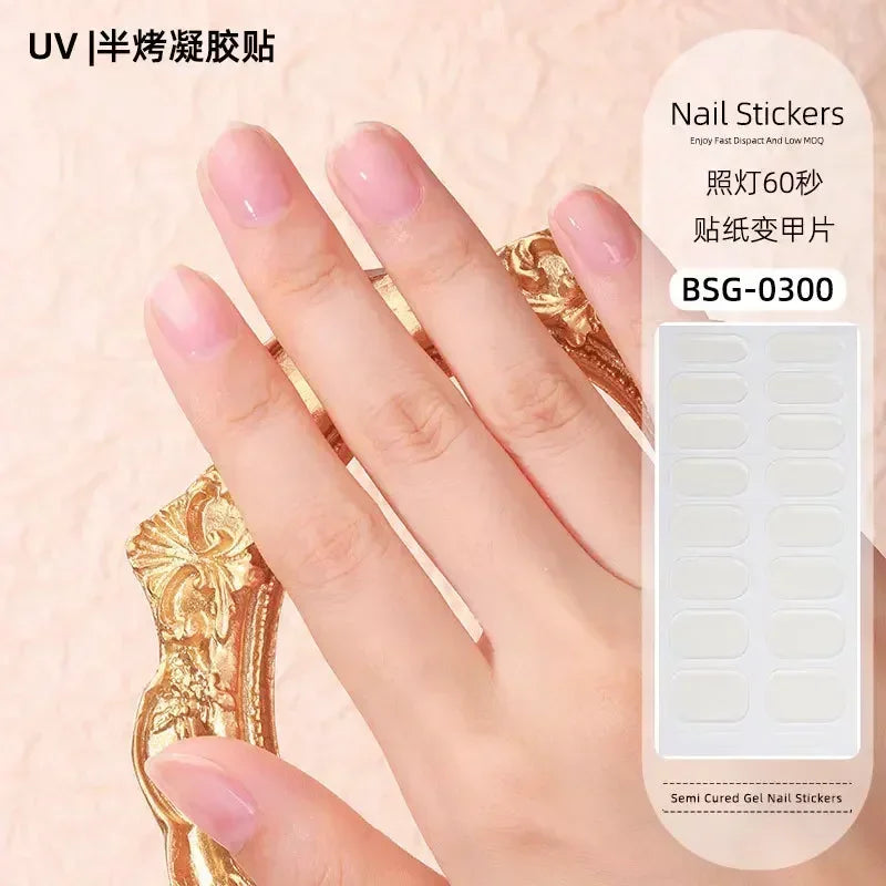 16/20/22Tips Semi-Cured Nail Wraps Simple Color Adhesive Waterproof Long Lasting Gel Nail Stickers set for UV Lamp Need Manicure