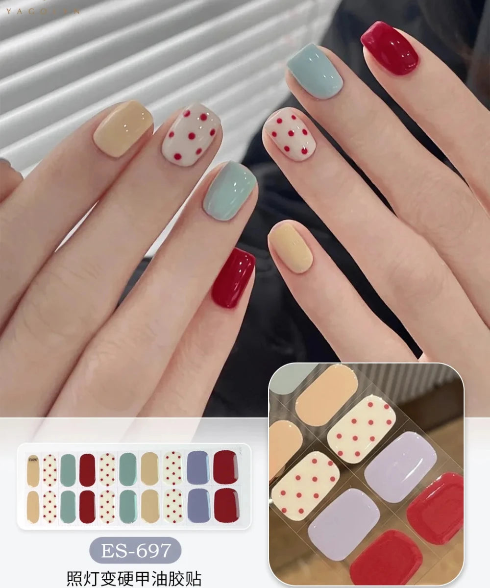 16/20/22Tips Semi-Cured Nail Wraps Simple Color Adhesive Waterproof Long Lasting Gel Nail Stickers set for UV Lamp Need Manicure