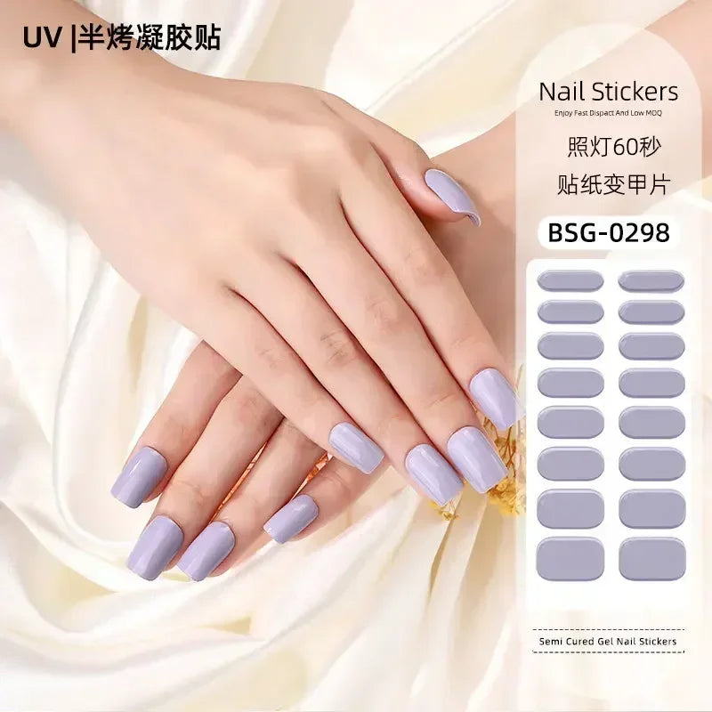 16/20/22Tips Semi-Cured Nail Wraps Simple Color Adhesive Waterproof Long Lasting Gel Nail Stickers set for UV Lamp Need Manicure