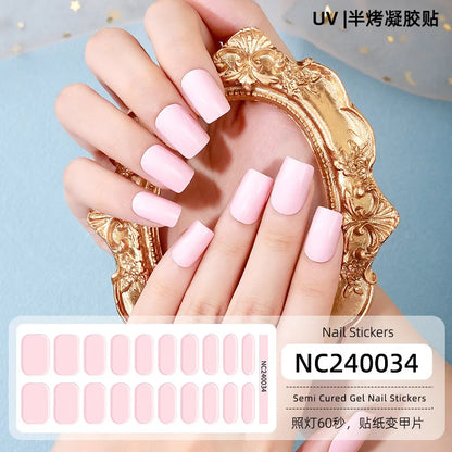 16/20/22Tips Semi-Cured Nail Wraps Simple Color Adhesive Waterproof Long Lasting Gel Nail Stickers set for UV Lamp Need Manicure