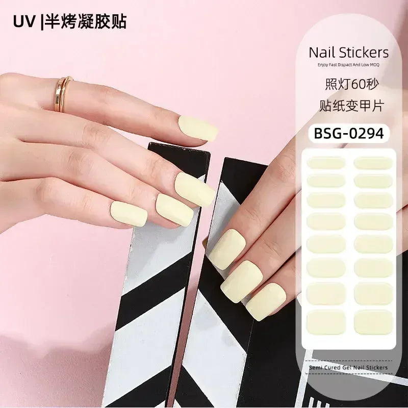 16/20/22Tips Semi-Cured Nail Wraps Simple Color Adhesive Waterproof Long Lasting Gel Nail Stickers set for UV Lamp Need Manicure