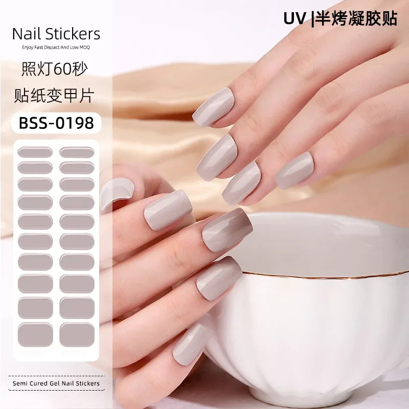 16/20/22Tips Semi-Cured Nail Wraps Simple Color Adhesive Waterproof Long Lasting Gel Nail Stickers set for UV Lamp Need Manicure