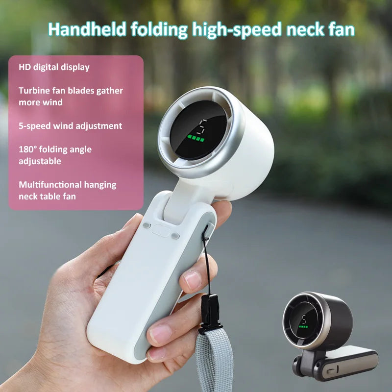 2024 Summer Fan Hand-held Folding High-speed Turbo Fan New Hanging Neck Outdoor Fan Desktop Portable LED Adjustment Student Fans