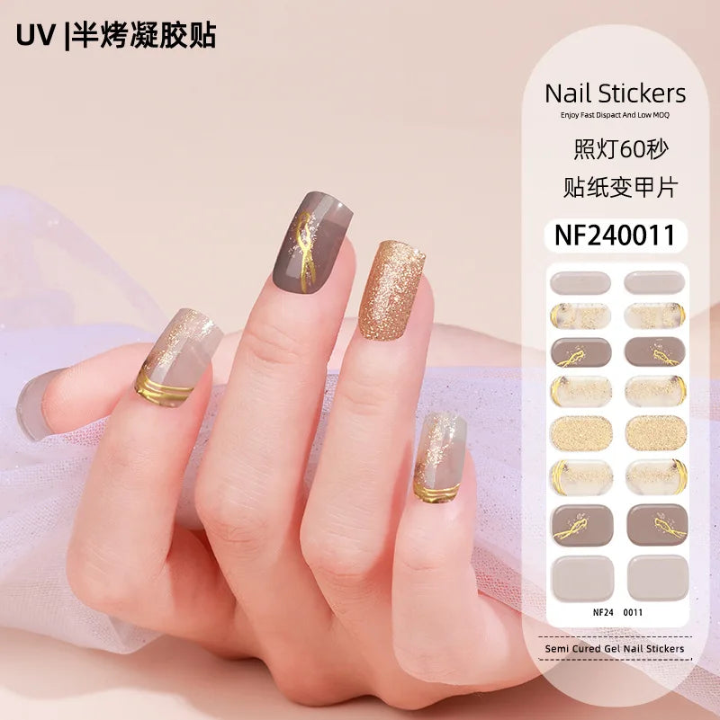16/20/22Tips Semi-Cured Nail Wraps Simple Color Adhesive Waterproof Long Lasting Gel Nail Stickers set for UV Lamp Need Manicure