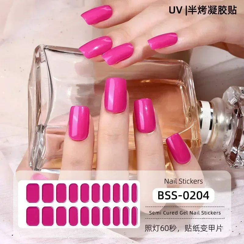 16/20/22Tips Semi-Cured Nail Wraps Simple Color Adhesive Waterproof Long Lasting Gel Nail Stickers set for UV Lamp Need Manicure
