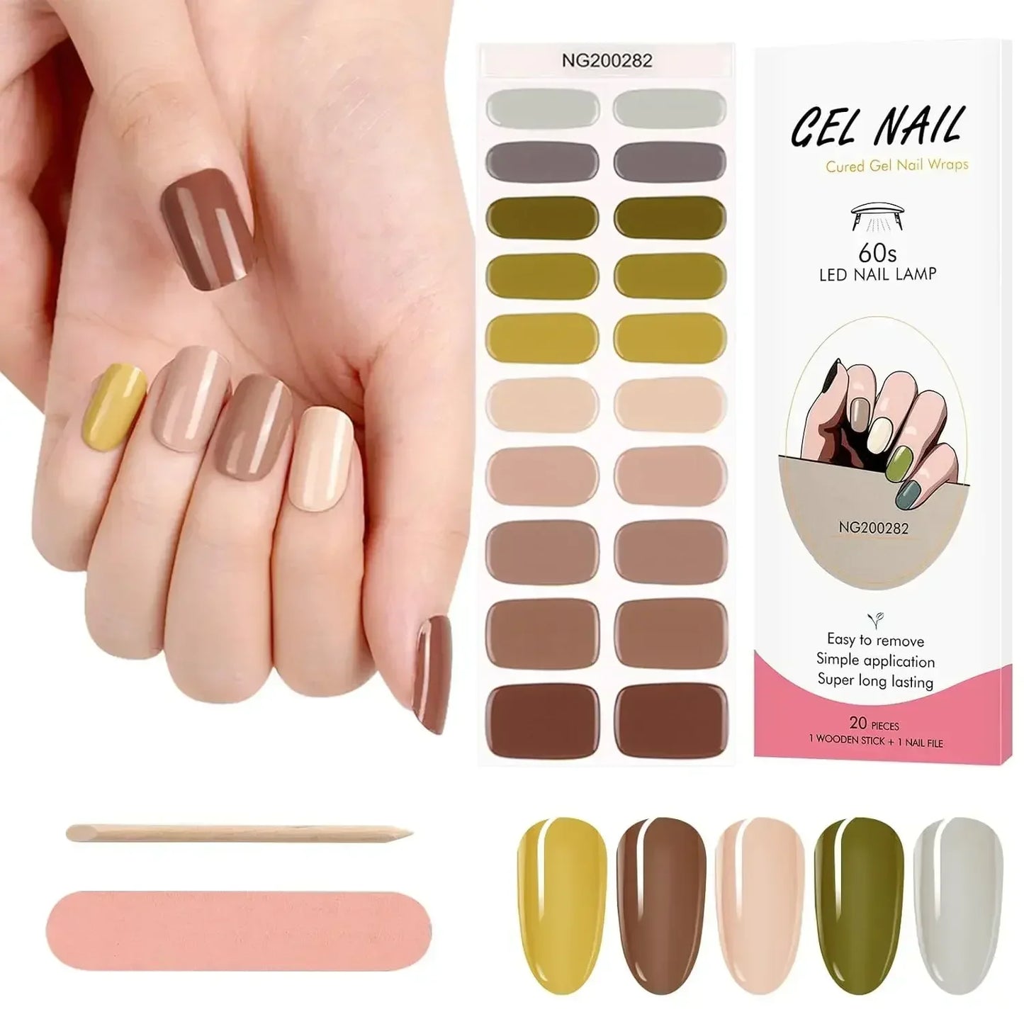 16/20/22Tips Semi-Cured Nail Wraps Simple Color Adhesive Waterproof Long Lasting Gel Nail Stickers set for UV Lamp Need Manicure