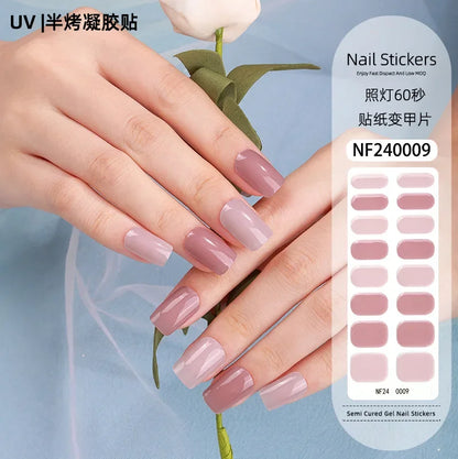 16/20/22Tips Semi-Cured Nail Wraps Simple Color Adhesive Waterproof Long Lasting Gel Nail Stickers set for UV Lamp Need Manicure