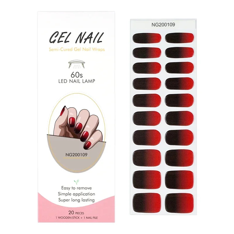 16/20/22Tips Semi-Cured Nail Wraps Simple Color Adhesive Waterproof Long Lasting Gel Nail Stickers set for UV Lamp Need Manicure